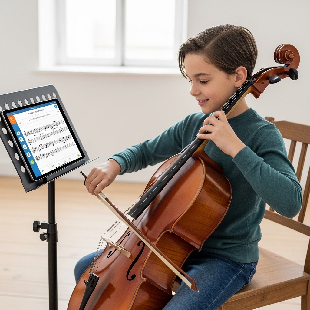 Young student learning cello with interactive tablet showing sheet music